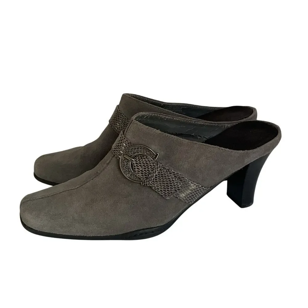 Aerosoles Women’s Size 8 Gray Suede Mule Heels Buckle Slip On Shoes